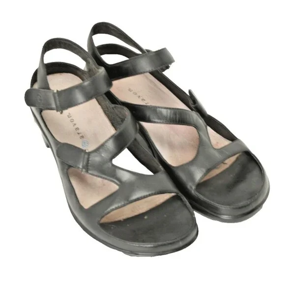 Aravon Sandals Women's sz 9.5 Black Leather Comfort Strappy Heel - Picture 2 of 6